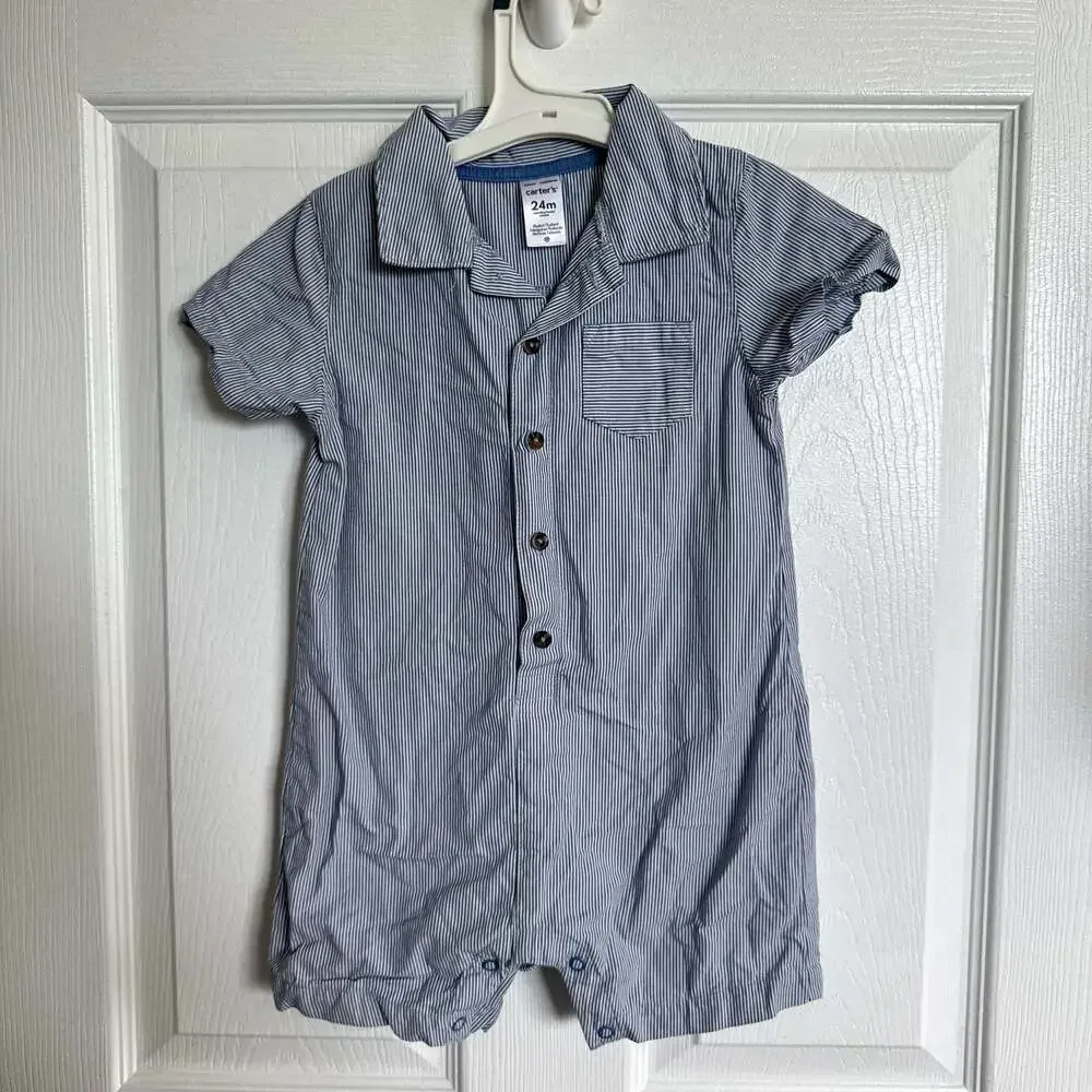 Carter's Blue and White Striped Seersucker Button-Up Romper 24M